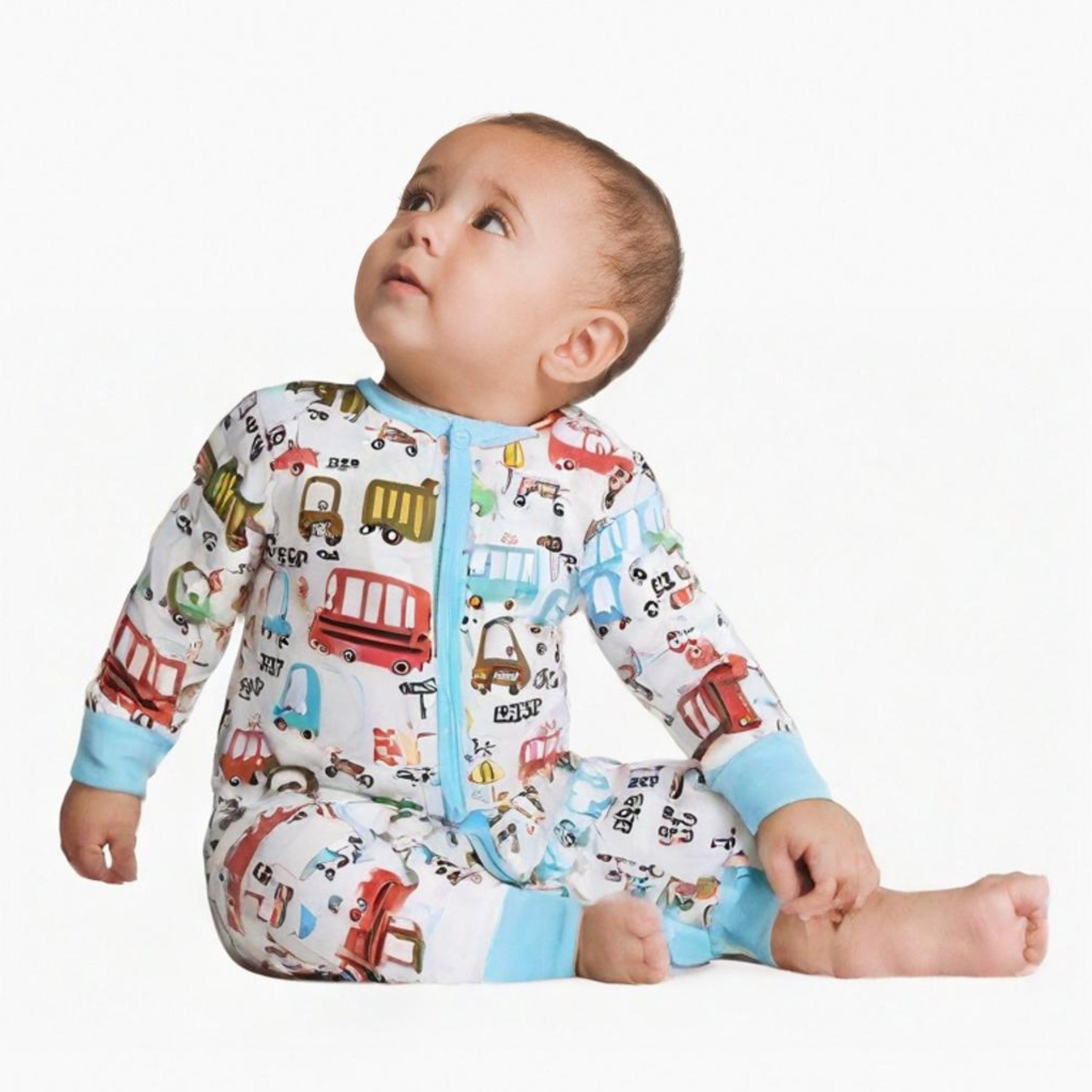 Pijamale lungi din bambus - model slimfit, Cute Cars, Bleu, pentru baietei