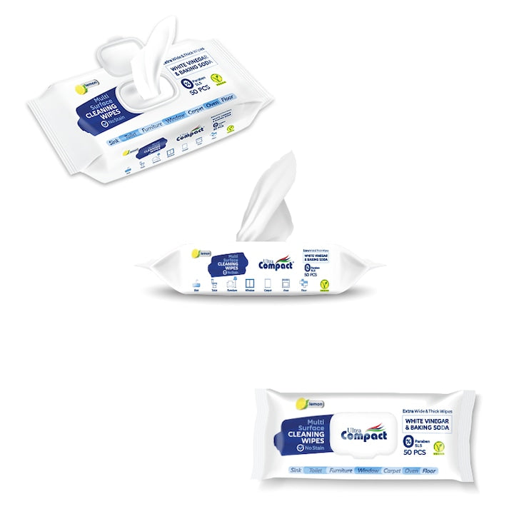 Șervețele Umede cu capac - MULTI SUPRAFETE, cu Otet si Bicarbonat de sodiu, Lămâie, 50 buc